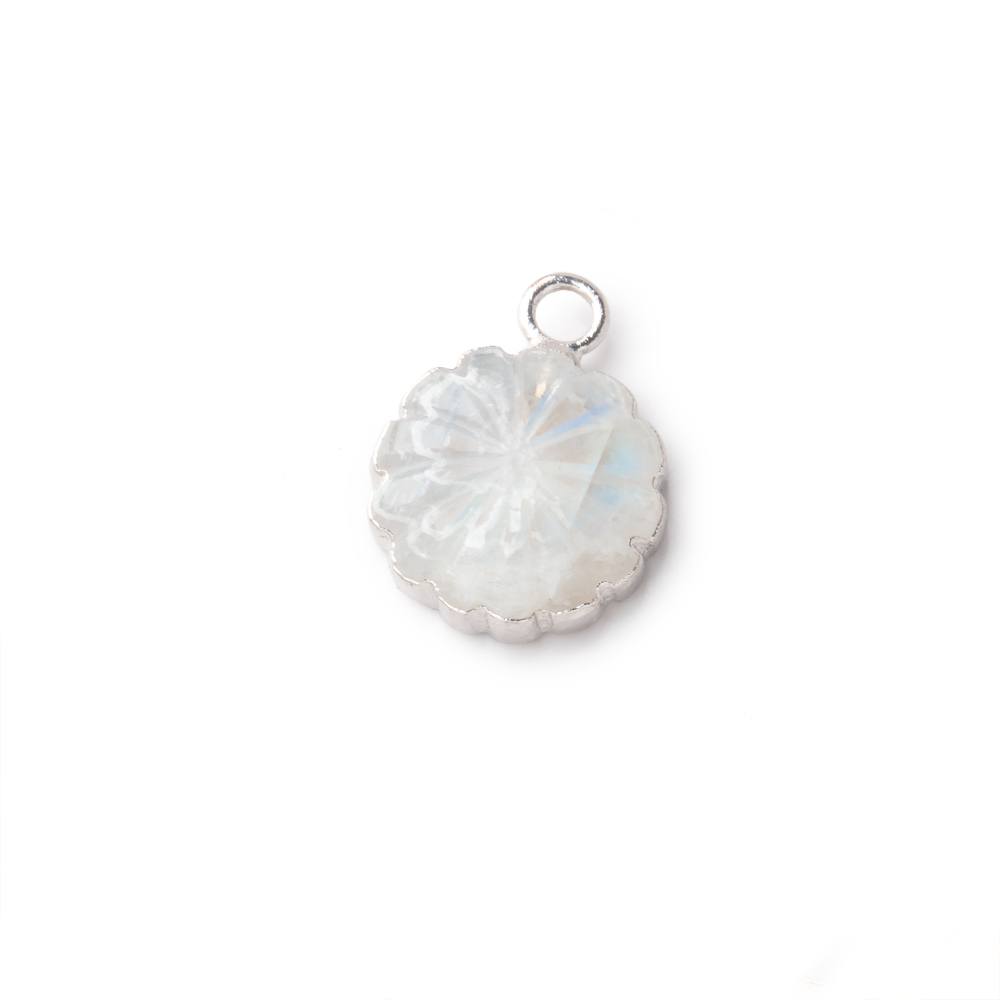 11mm Silver Leafed Rainbow Moonstone Carved Floral Coin Focal Pendant 1 piece