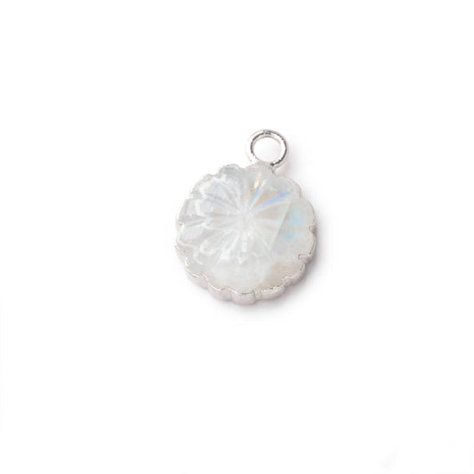 11mm Silver Leafed Rainbow Moonstone Carved Floral Coin Focal Pendant 1 piece