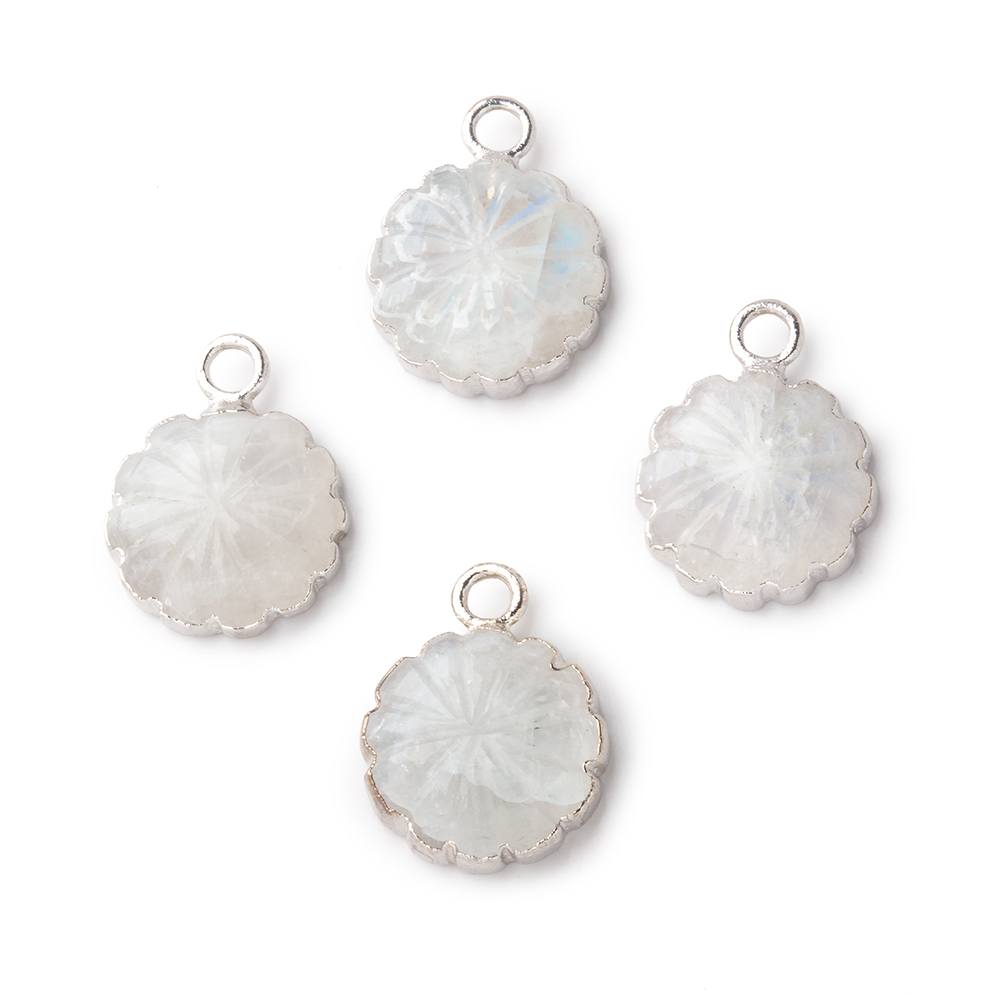 11mm Silver Leafed Rainbow Moonstone Carved Floral Coin Focal Pendant 1 piece