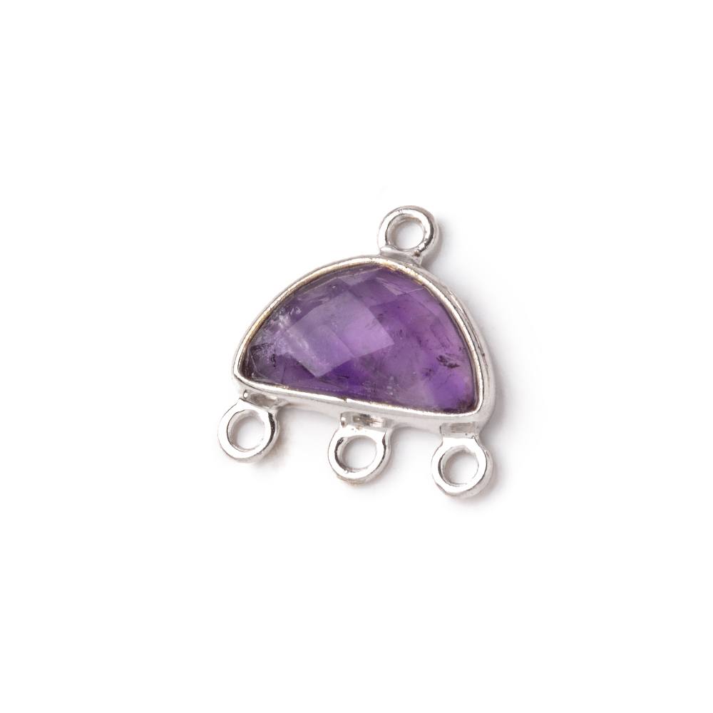 11x7mm .925 Silver Bezel Amethyst faceted Half Moon 3 ring Connector 1 piece
