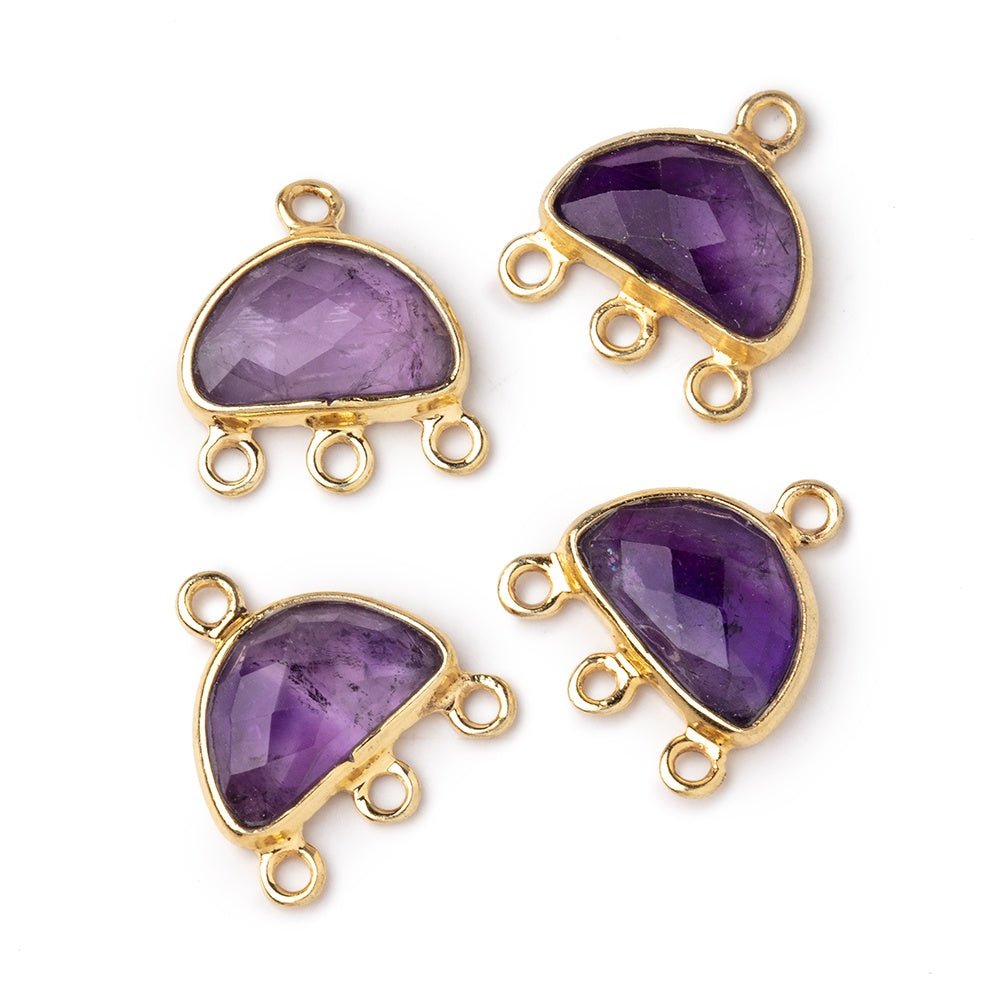 11x7mm Vermeil Bezel Amethyst faceted Half Moon 3 ring Connector 1 piece