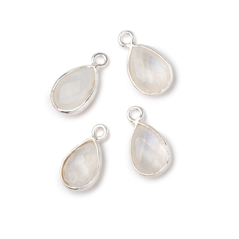 11x8mm .925 Silver Bezel Rainbow Moonstone Faceted Pear Focal Pendants Set of 4 pieces