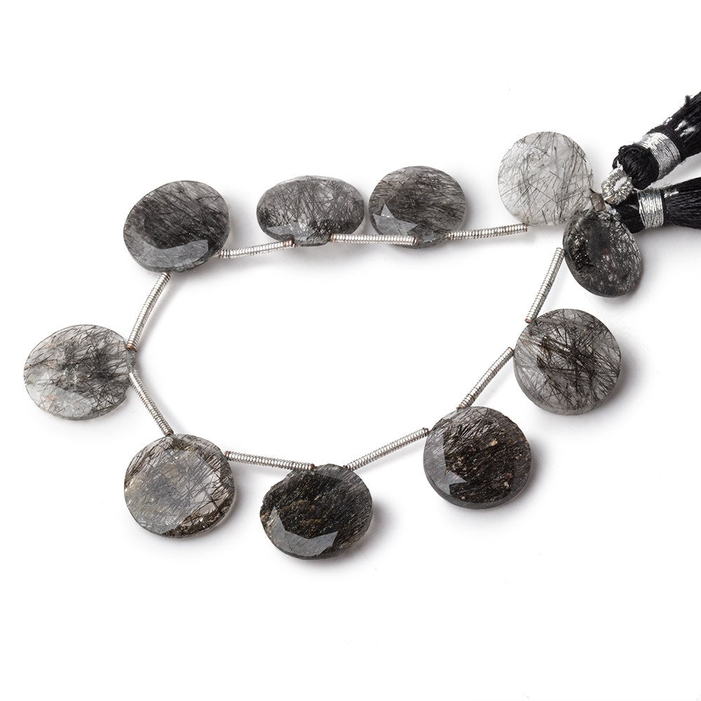 12-15mm Black Tourmalinated Quartz Faceted Coin Beads 6.5 inch 10 pieces