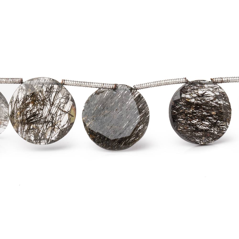 12-15mm Black Tourmalinated Quartz Faceted Coin Beads 6.5 inch 10 pieces