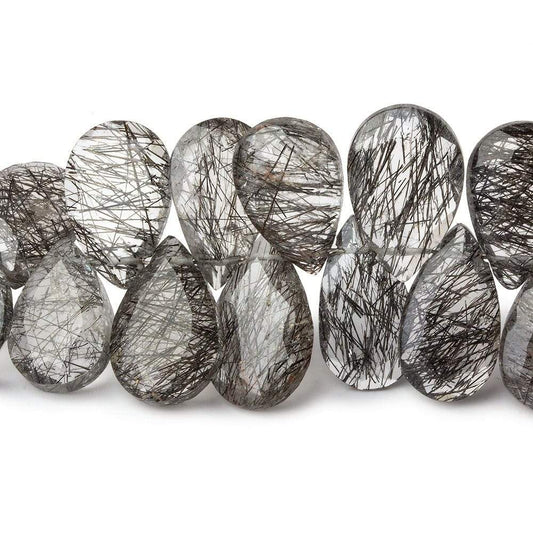 12-15mm Black Tourmalinated Quartz Faceted Pear Beads 6 inch 37 pieces AAA