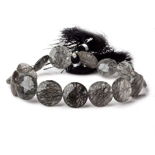 12.5-14.5mm Black Tourmalinated Quartz Faceted Coins 8 inch 15 beads