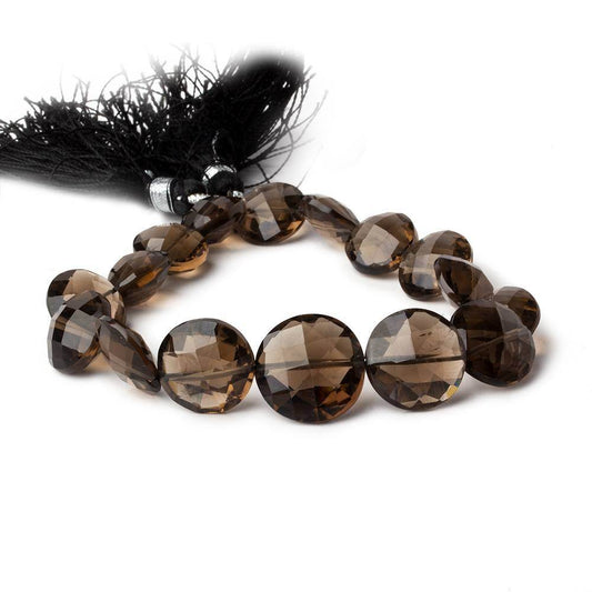 12.5-15.5mm Smoky Quartz Faceted Coin Beads 8 inch 16 pieces AAA