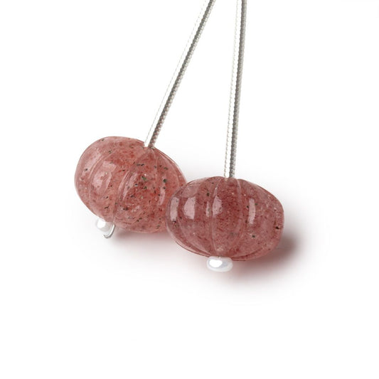 12.5mm Strawberry Quartz Carved Melon Focals Set of 2 Beads