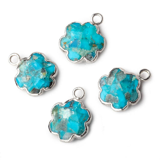 12mm Silver Leafed Enhanced Turquoise Faceted Quatrafoil Focal Bead Pendant sold as 1 piece