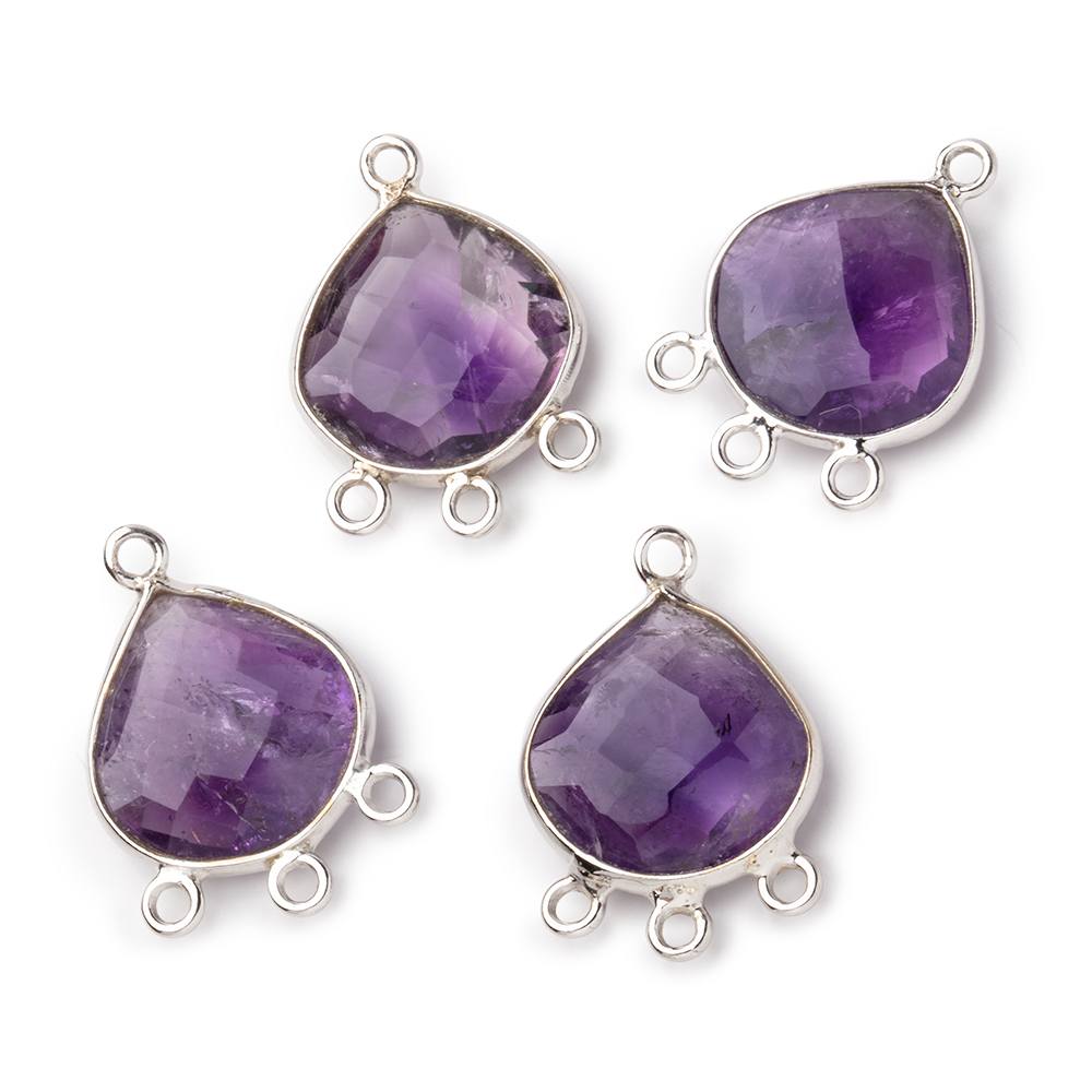 12mm Sterling Silver Bezel Amethyst Faceted Heart 3 ring Connector 1 Focal piece