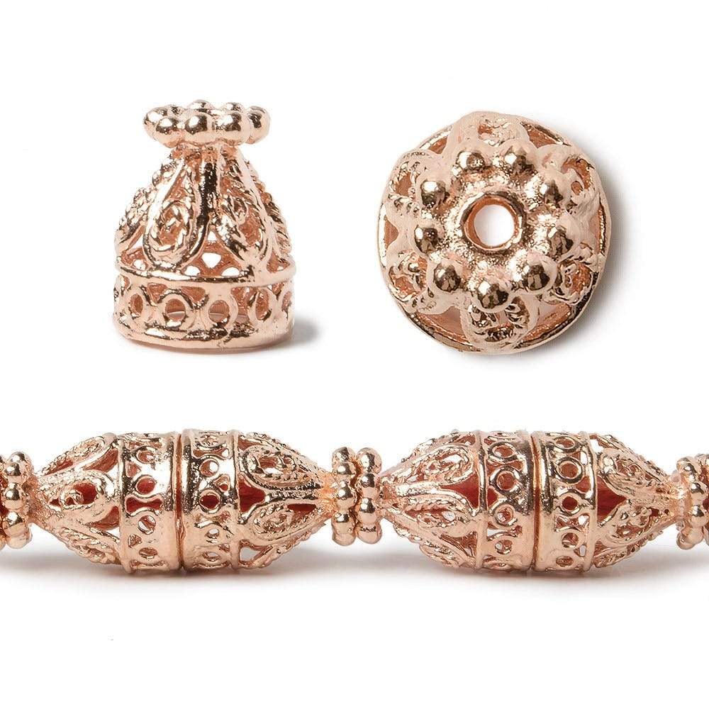12x10mm Rose Gold plated Copper Cone Filigree and Miligrain Top 8 inch 18 beads