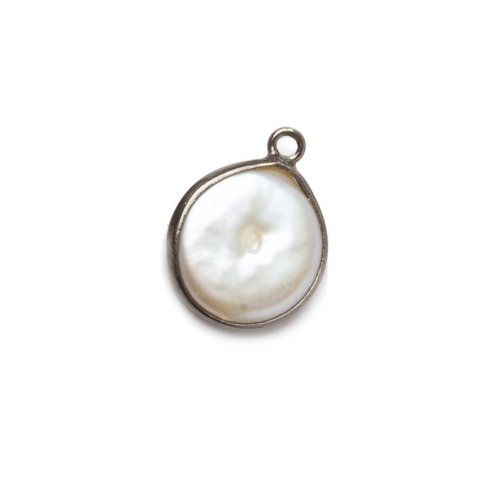 13-14mm Black Gold Bezeled White Coin Freshwater Pearl 1 Ring Focal Pendant 1 piece