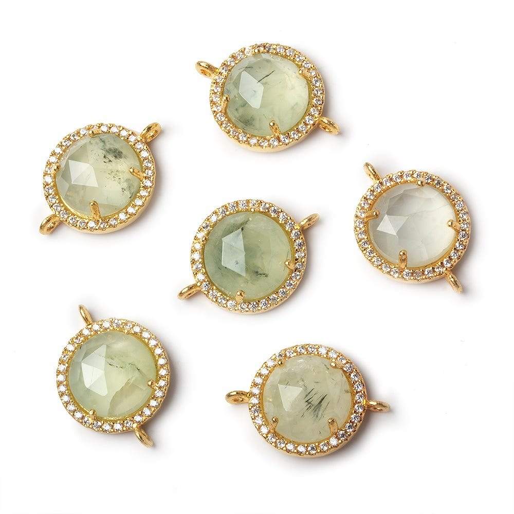 13mm Gold Bezeled White CZ and Prehnite Coin Connector 1 piece