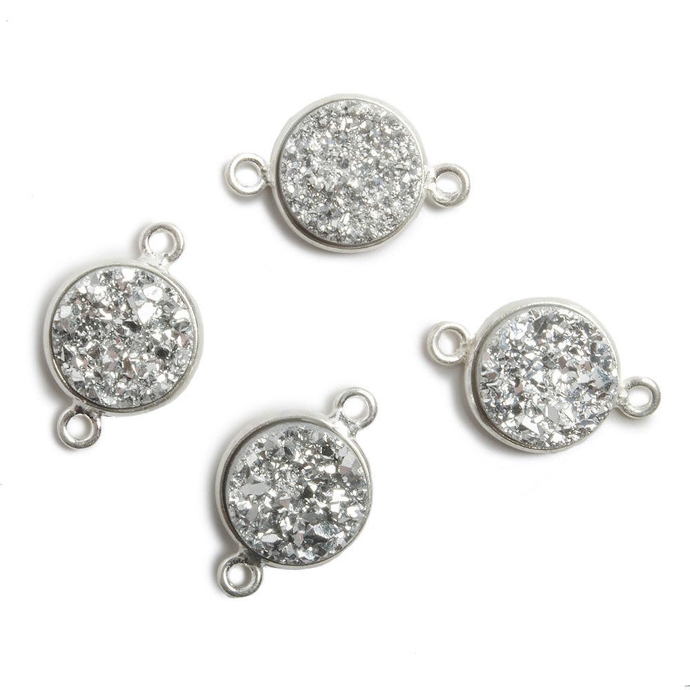 13mm Silver Bezel Metallic Silver Drusy Coin 2 ring Connector 1 piece