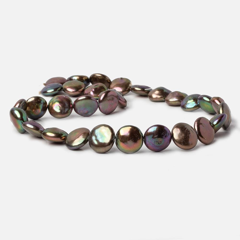 13x14mm Chocolate Brown Iridescent Coin Freshwater Pearls 16 inch 27 pieces A Quality