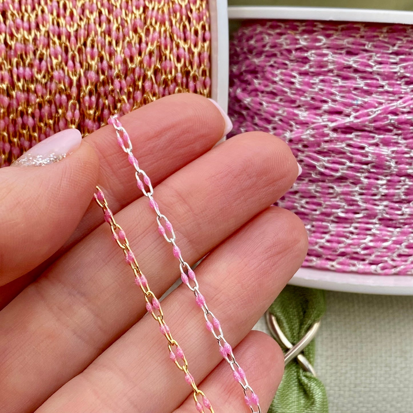 Glitter Pink Enamel Chain - Twin Paperclip - E13