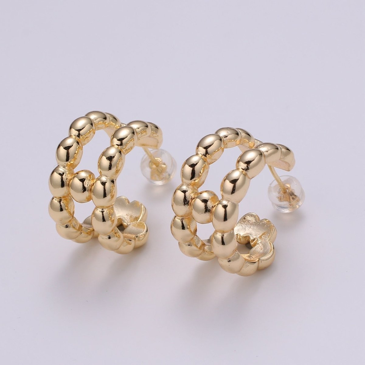 14K Gold Filled 20mm Beaded Bubble Molten Double Band C-Shaped Earrings | P250