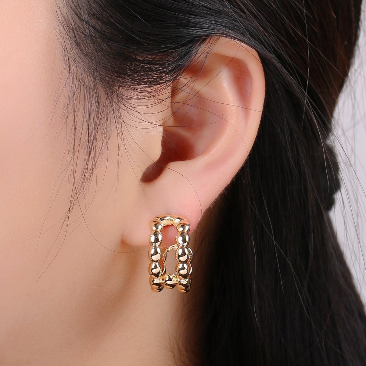 14K Gold Filled 20mm Beaded Bubble Molten Double Band C-Shaped Earrings | P250