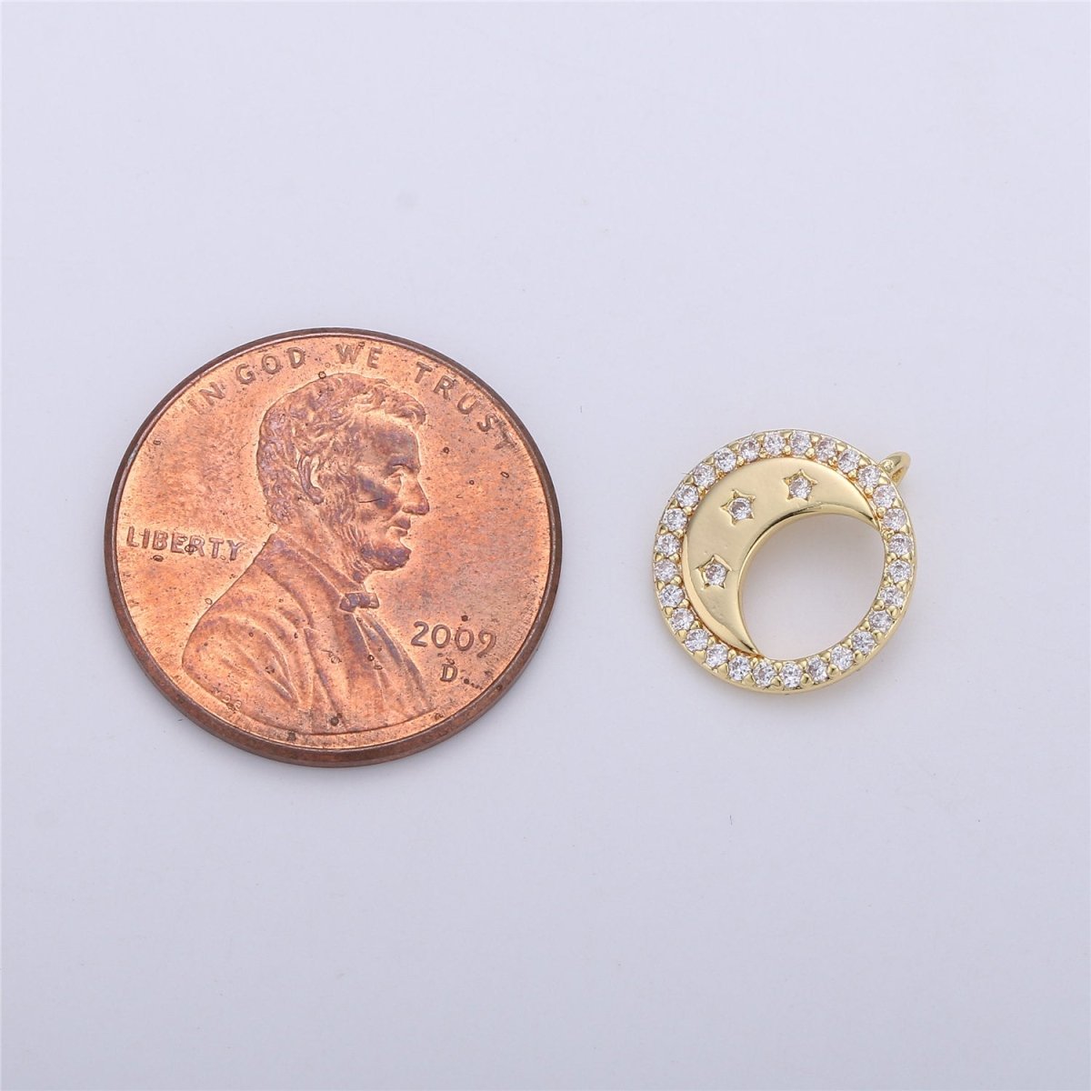 14K Gold Filled Celestial Crescent Moon Stars Micro Paved CZ Back Loop Circular Charm | C129