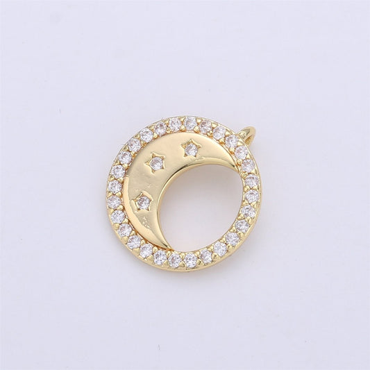 14K Gold Filled Celestial Crescent Moon Stars Micro Paved CZ Back Loop Circular Charm | C129