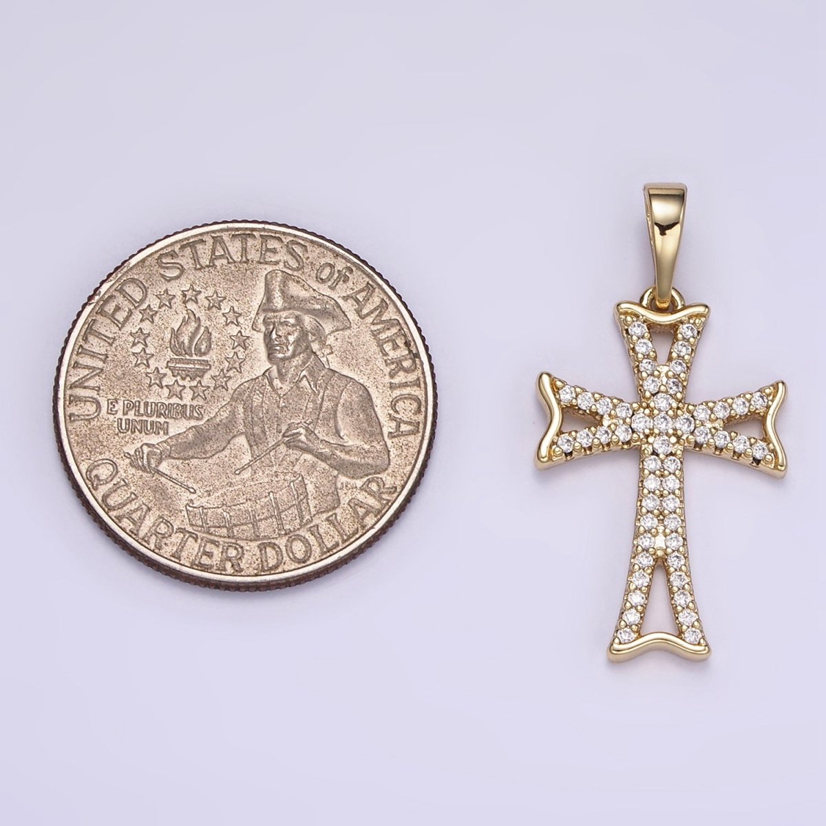 14K Gold Filled Curved Micro Paved CZ Cross Religious Pendant | I864