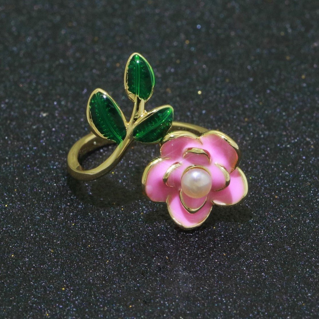 14K Gold Filled Enamel Pearl Rose Open Wrap Ring | S095-S098