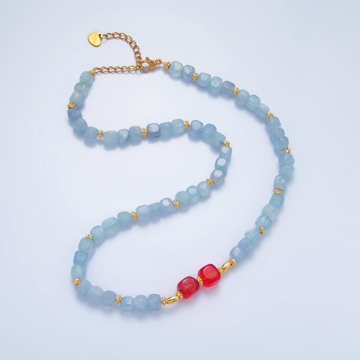 14K Gold Filled Gemstone Carnelian Aquamarine Beaded Bead 16 Inch Necklace | WA-2645