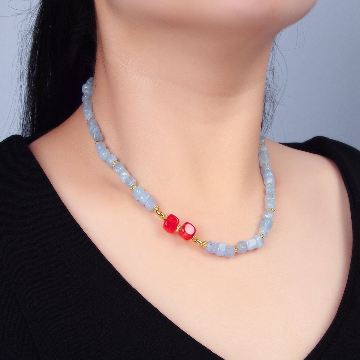 14K Gold Filled Gemstone Carnelian Aquamarine Beaded Bead 16 Inch Necklace | WA-2645