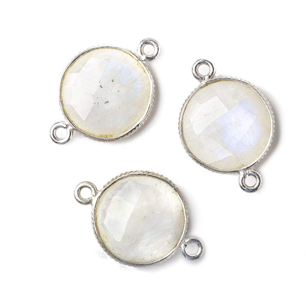 15mm Silver .925 Corrugated Bezel Rainbow Moonstone Coin 2 ring Connector 1 pc