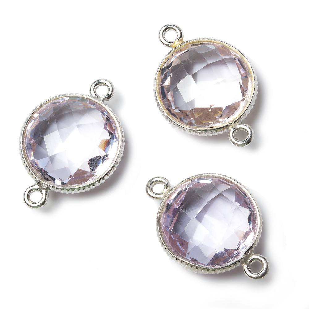 15mm Silver Corrugated Bezel Pink Amethyst coin 2 ring Connector 1 pc