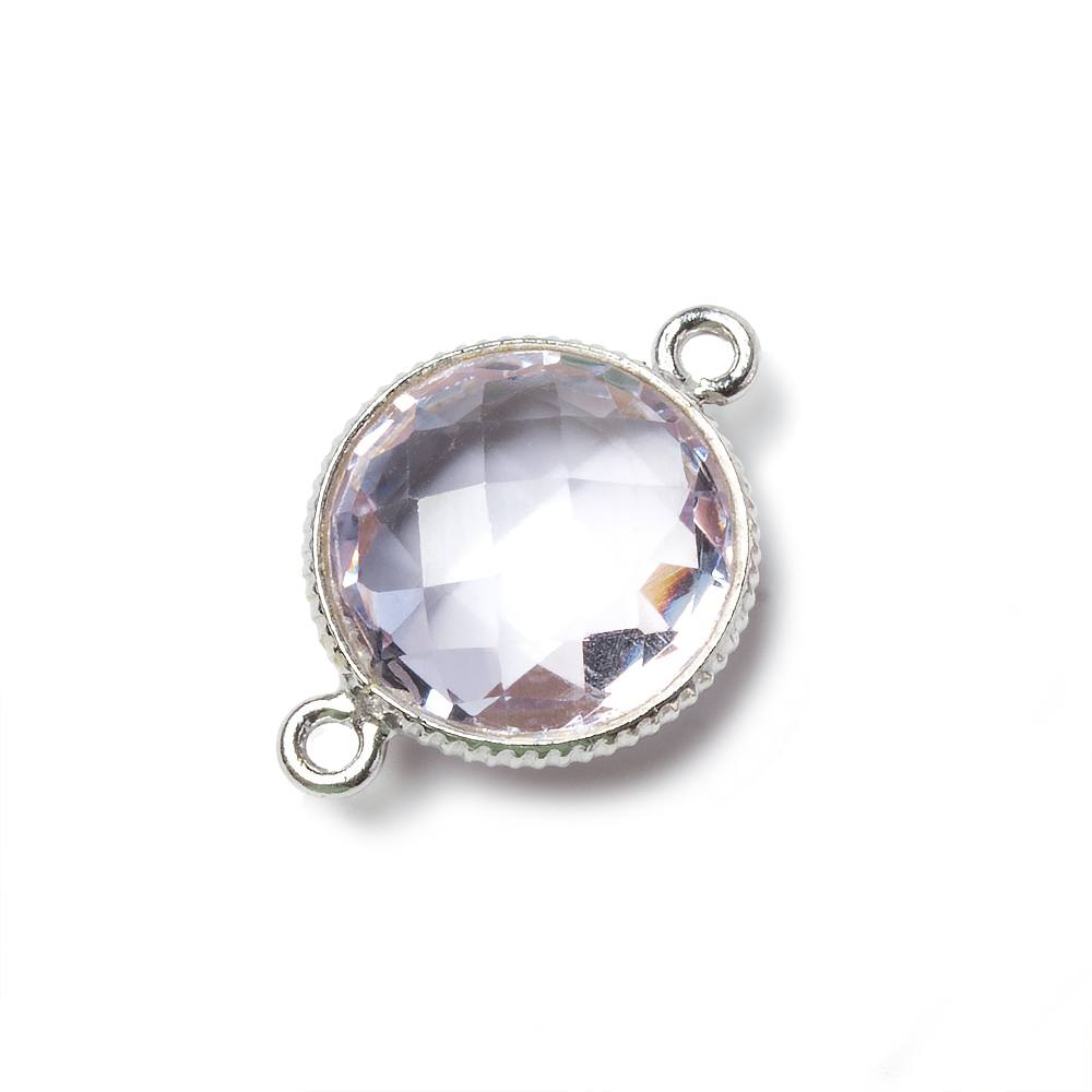 15mm Silver Corrugated Bezel Pink Amethyst coin 2 ring Connector 1 pc