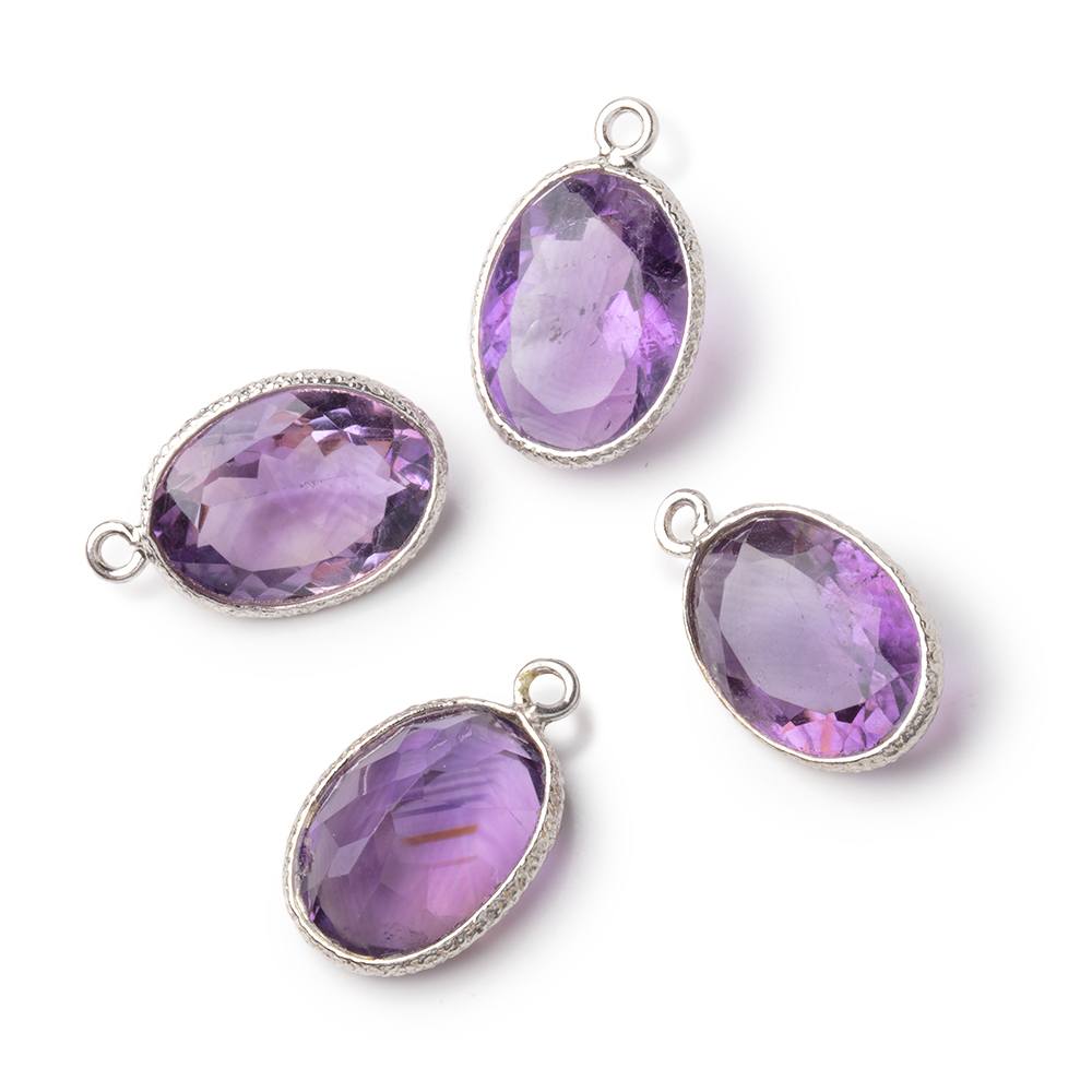 15x11mm Sterling Silver Textured Bezel Amethyst Pavilion Faceted Oval 1 Pendant