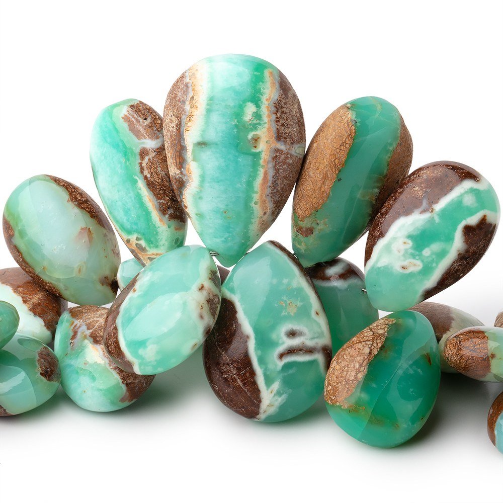 15x12-31x20mm Tanzanian Green Opal Plain Pears with Matrix 6.5 inch 30 Beads AAA