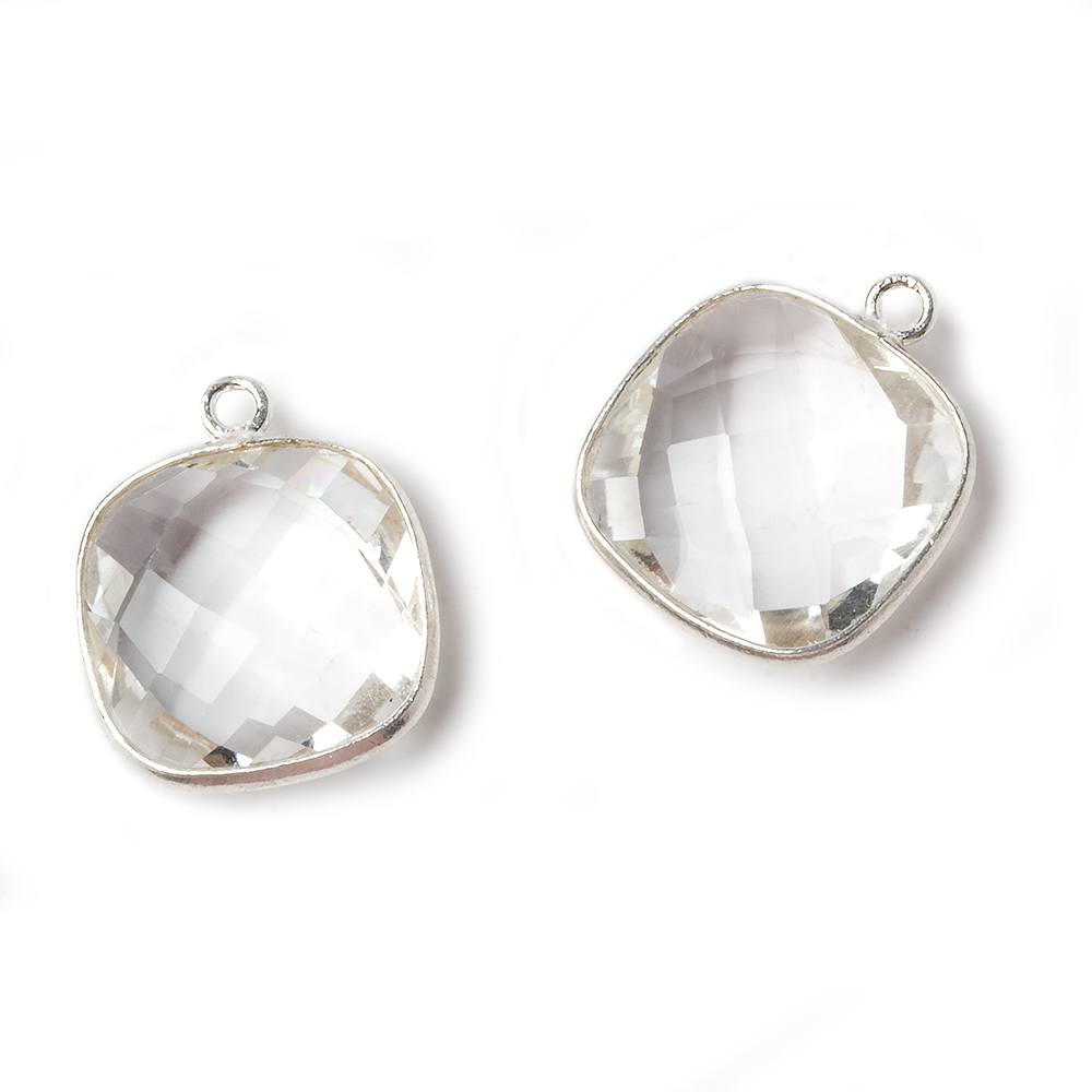 15x15mm Silver Bezeled Crystal Quartz faceted square Pendant 1 piece