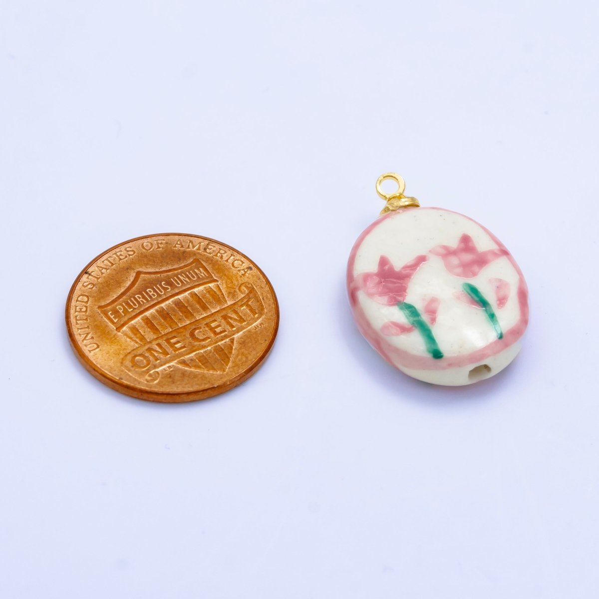 16K Gold Filled Twin Pink Flower Ceramic Drop Charm | W074