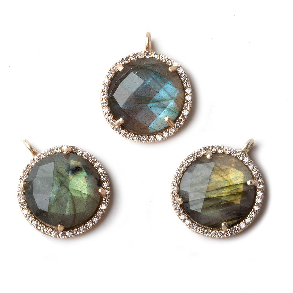 17mm Rose Gold .925 CZ Bezel Labradorite Coin Pendant 1 piece