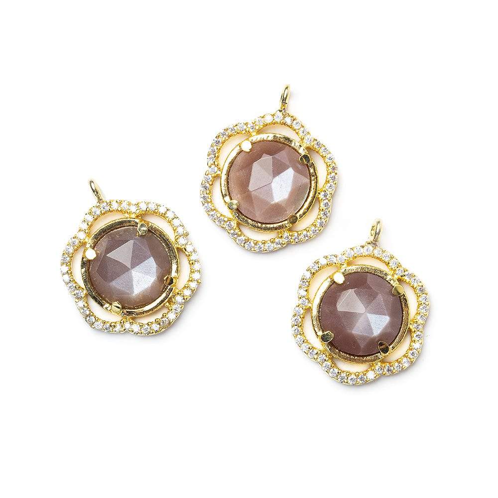 17mm Vermeil Bezel CZ & Chocolate Moonstone Floral Coin Pendant 1 focal beads