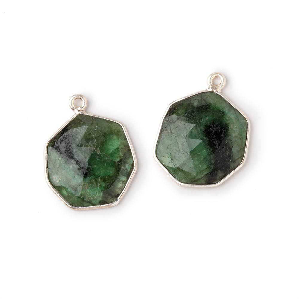 18x17mm .925 Silver Bezel Emerald Faceted Freeform Set of 2 Pendants