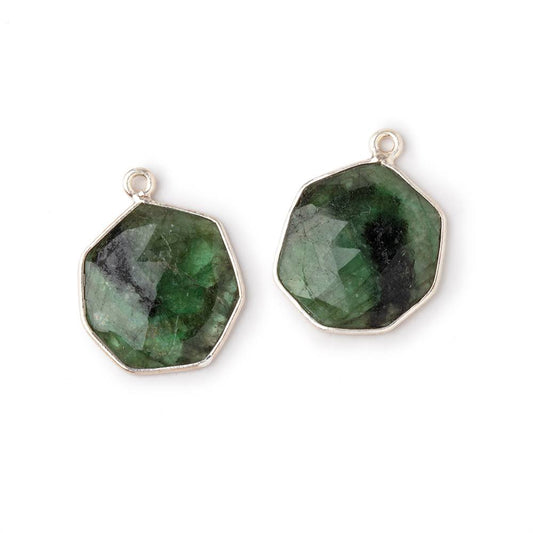 18x17mm .925 Silver Bezel Emerald Faceted Freeform Set of 2 Pendants