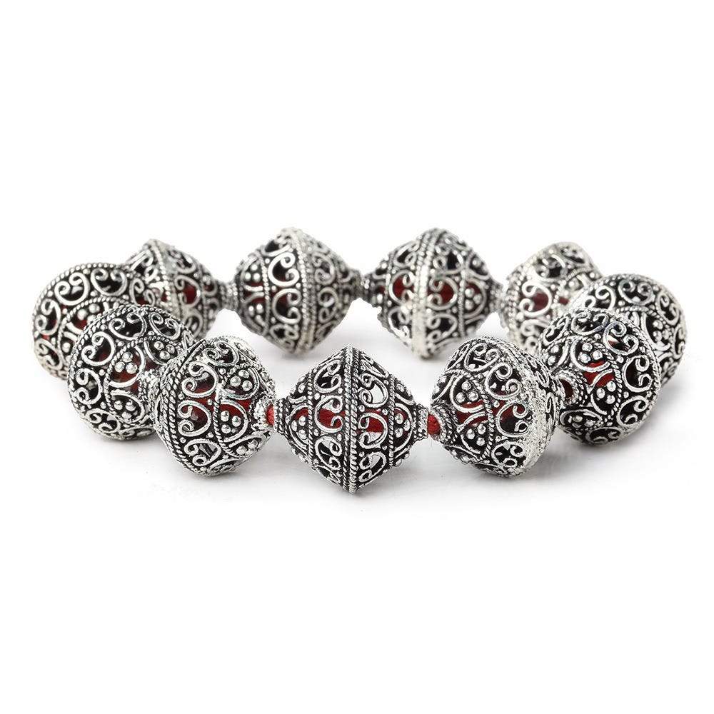 19x18mm Antiqued Sterling Silver Plated Copper Miligrain and Scroll BiCone 8 inch 11 pcs
