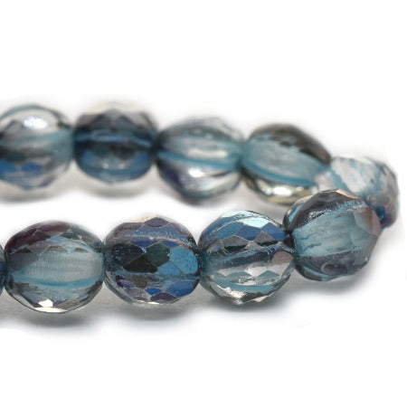 6mm Faceted Melon Transparent Glass with AB Finish and Turquoise Wash