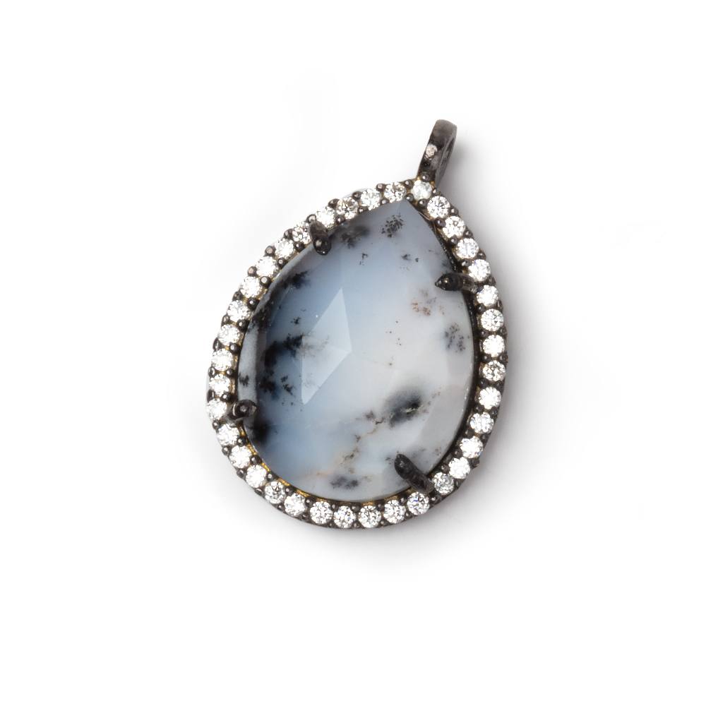 20x16mm Black Gold CZ Bezel Dendritic Opal Faceted Pear Pendant 1 Focal