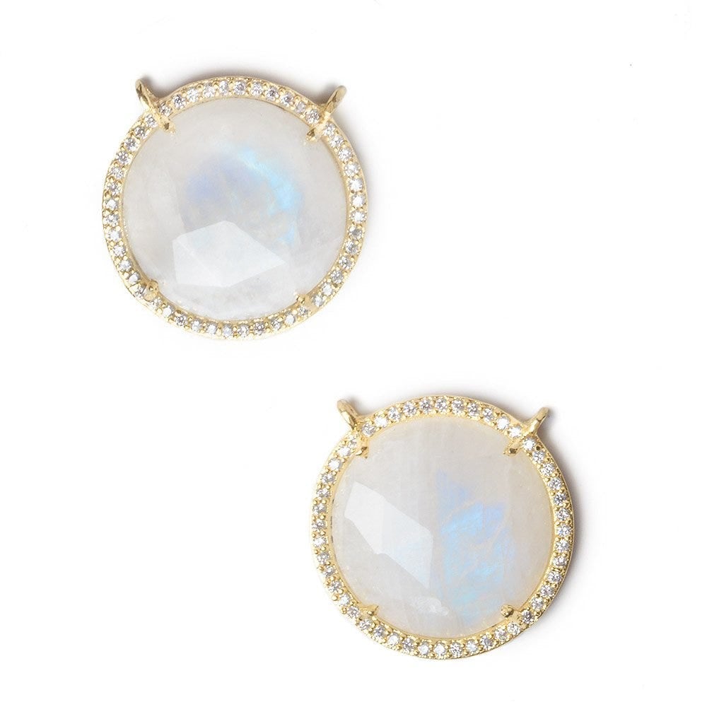21mm Gold Bezel White CZ and Rainbow Moonstone Coin Top Ring Connector 1 focal bead