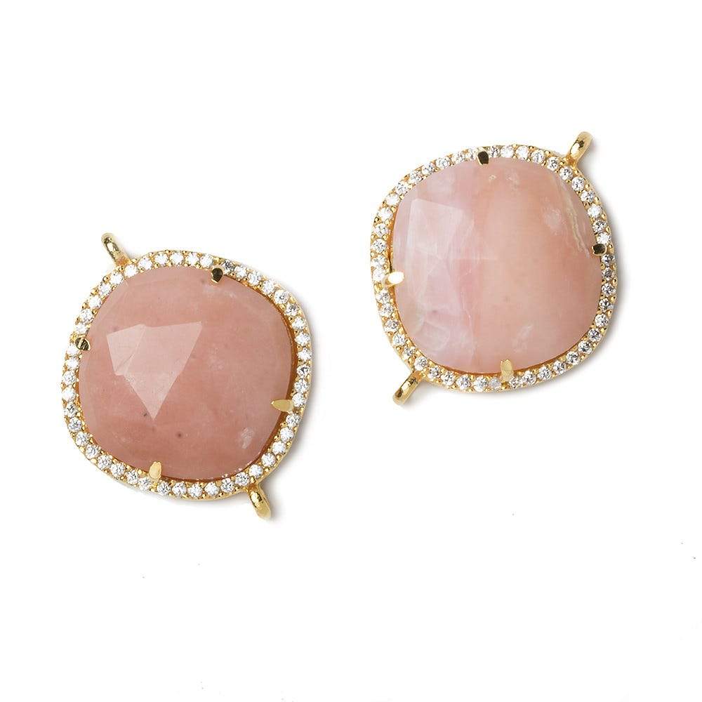21x21mm Vermeil Bezel CZ and Pink Peruvian Opal Pillow 2 ring Connector 1 pc