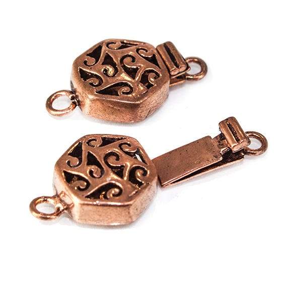 22x14x5mm Copper Hexagon Box Clasp with Scroll Design