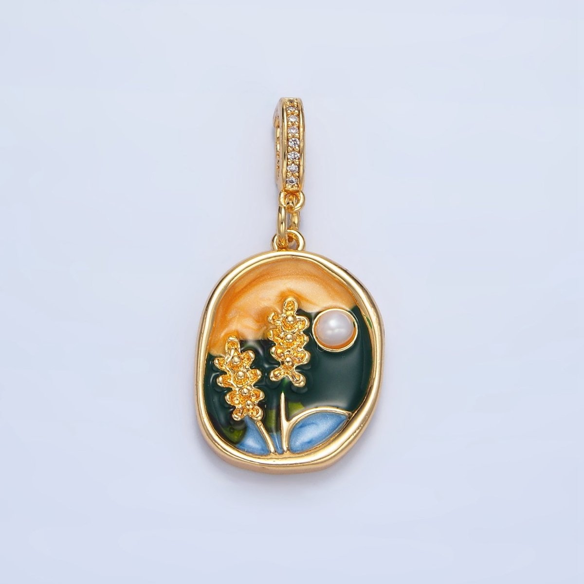 24K Gold Filed Pearl Flower Painting Micro Paved CZ Rhondelle Snap Latch Bail Pendant | AA982