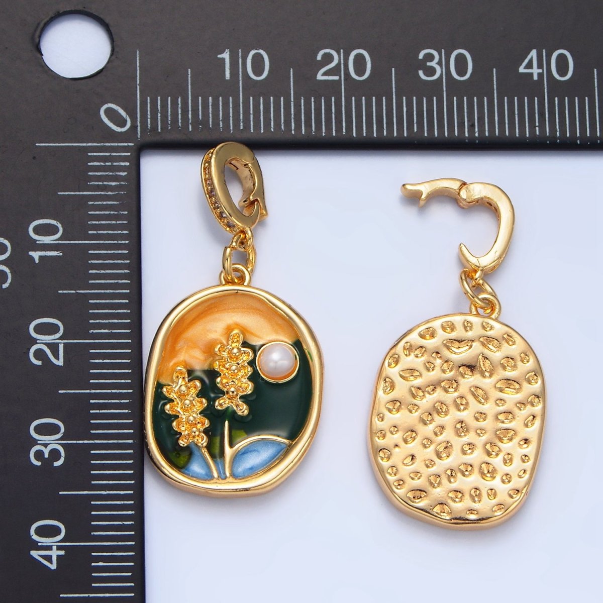 24K Gold Filed Pearl Flower Painting Micro Paved CZ Rhondelle Snap Latch Bail Pendant | AA982