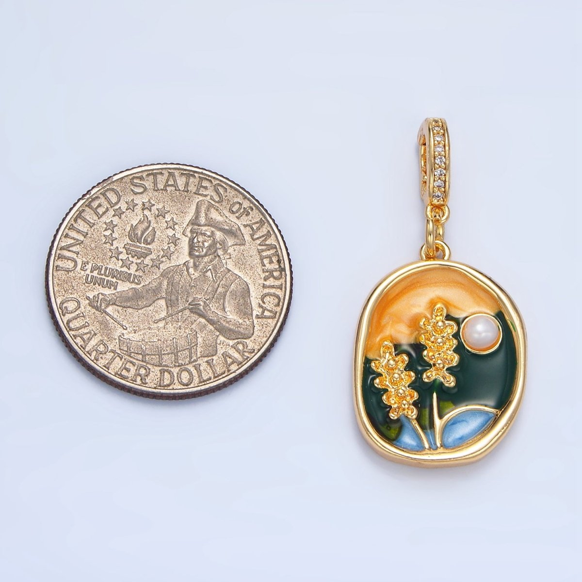 24K Gold Filed Pearl Flower Painting Micro Paved CZ Rhondelle Snap Latch Bail Pendant | AA982