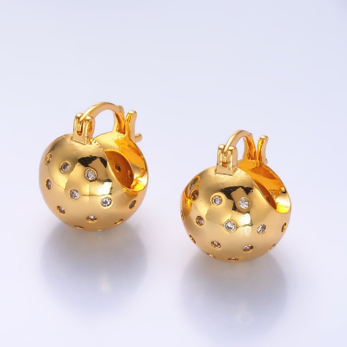24K Gold Filled 15mm CZ Dotted Round Dome Latch Hoop Earrings | AB231