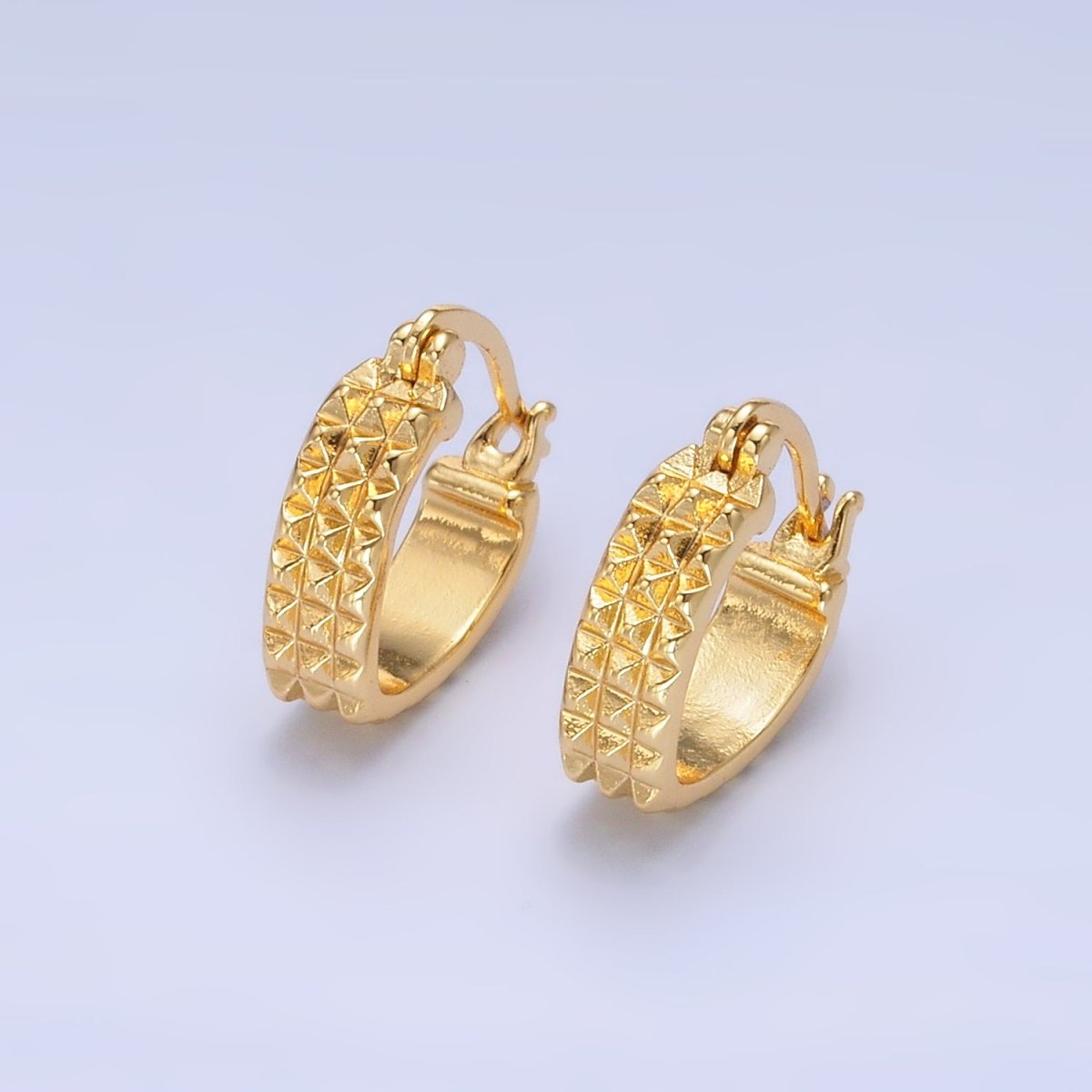 24K Gold Filled 15mm Multifaceted Edged Triangle Latch Hoop Earrings | AB670